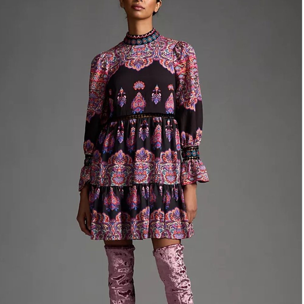 By Anthropologie Tiered Mix-Print Mini Dress Beaded & Embroidered - 2 Petite 2P